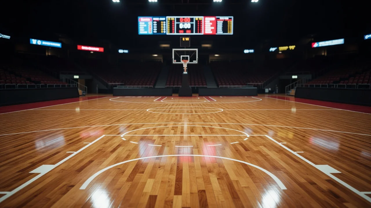 Campo de basquetebol vazio com tabela iluminada
