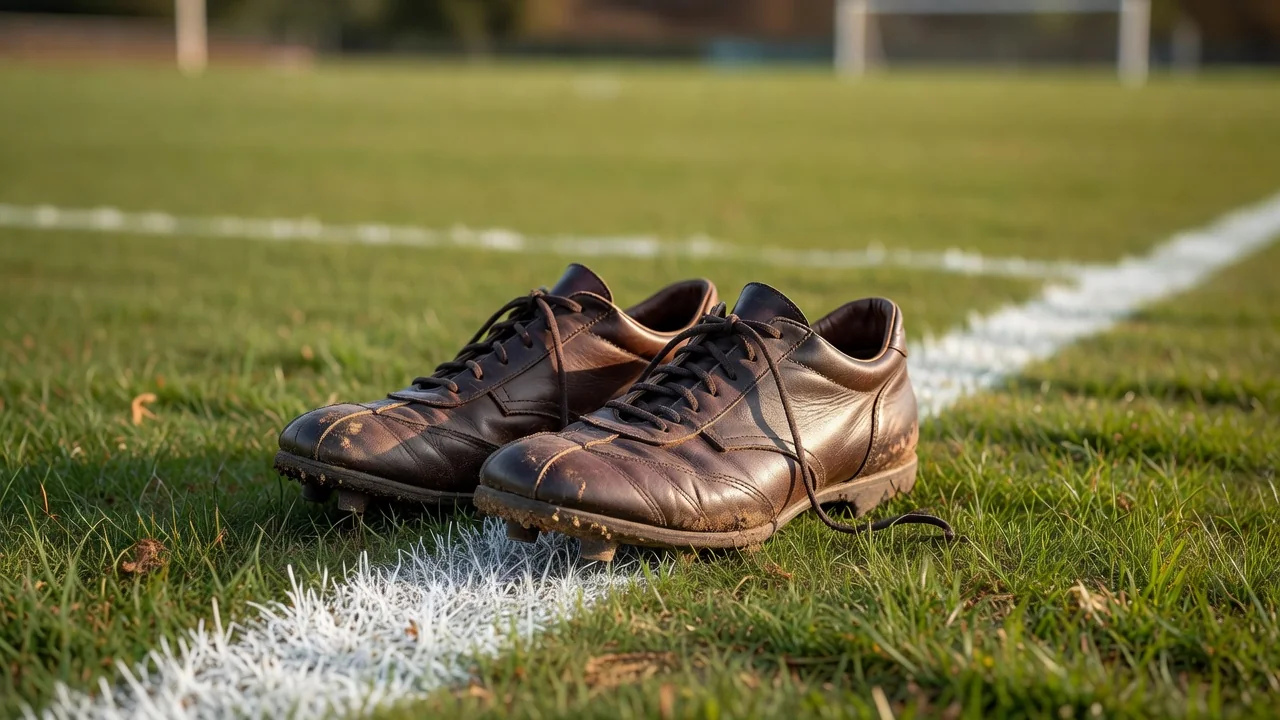 Botas de futebol de couro dos anos 1950 sobre a relva