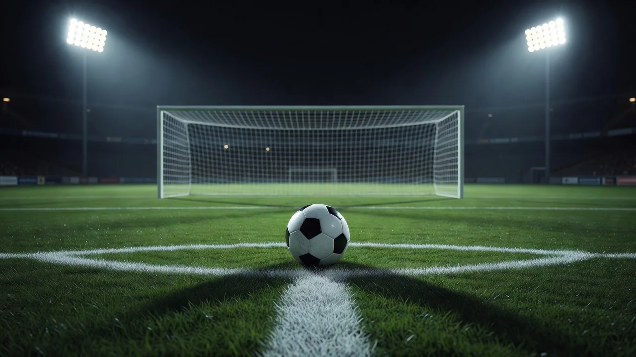 Bola na marca de penálti sob os holofotes do estádio