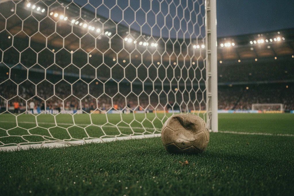 Liga dos Campeões 2026/27: bola junto à baliza de um estádio europeu